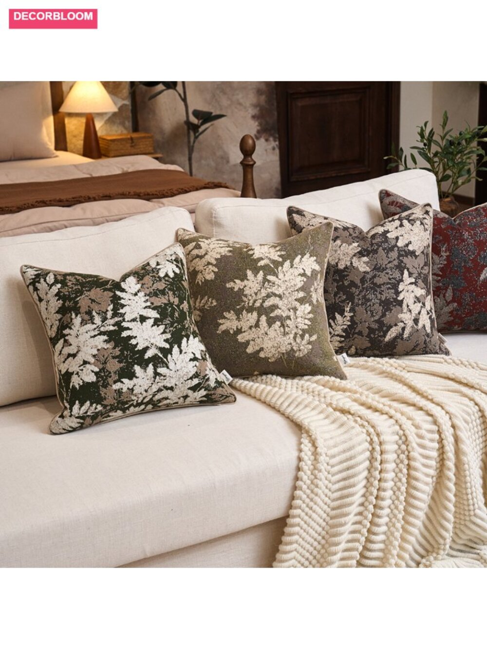 Vintage Chenille Neutral Leaf Throw Pillow Cover 12x20 Inch, Soft Polyester - Picture 6 of 6